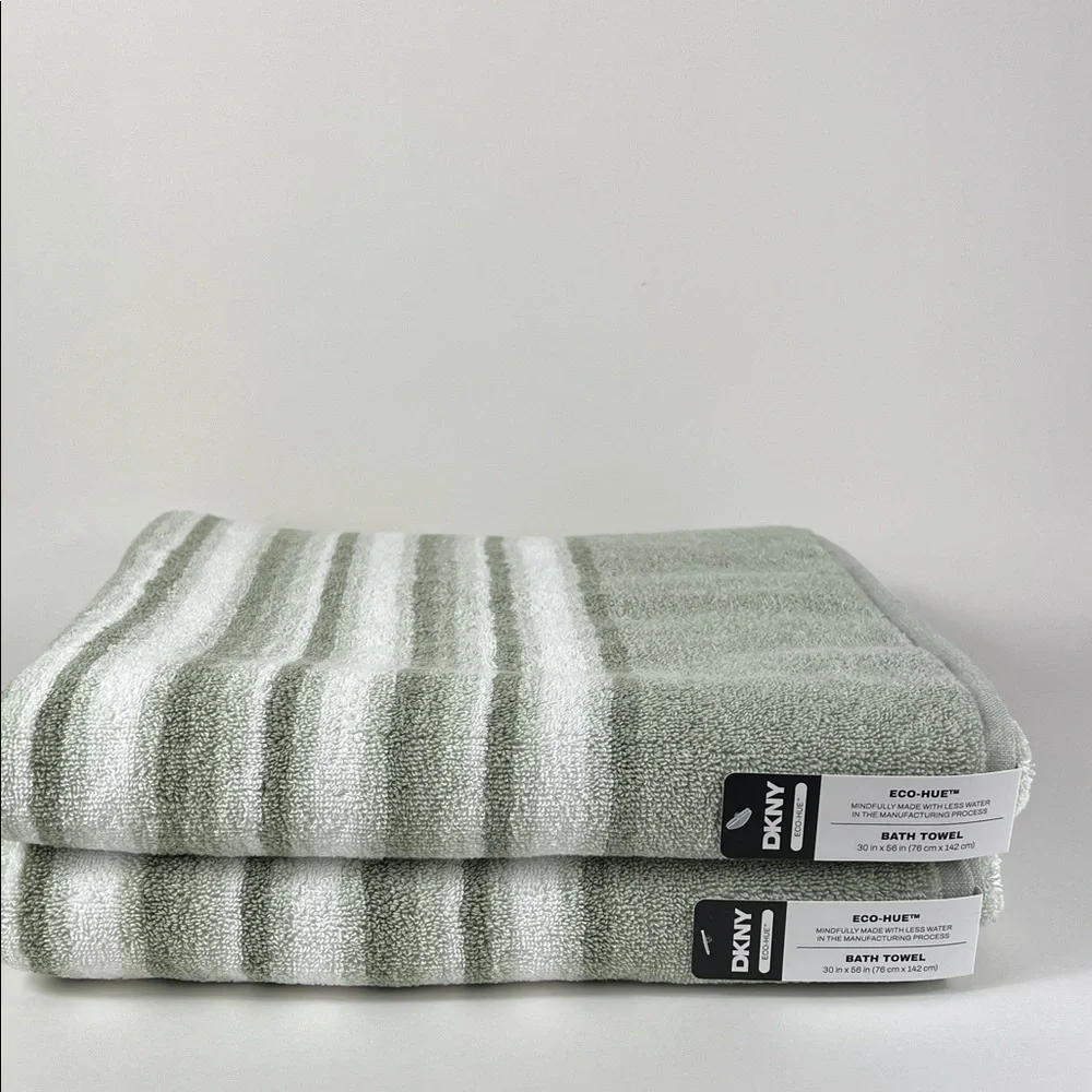 2pc DKNY Bath Towels Eco Hue Sage and White Striped Plush Cotton NEW